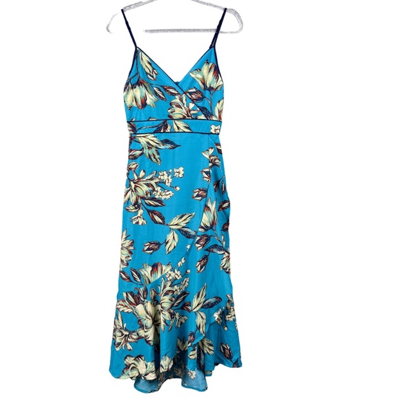 Band of the Free Blue Floral Strappy  Ruffle Midi Dress Size XS Slit Skirt - Picture 1 of 16